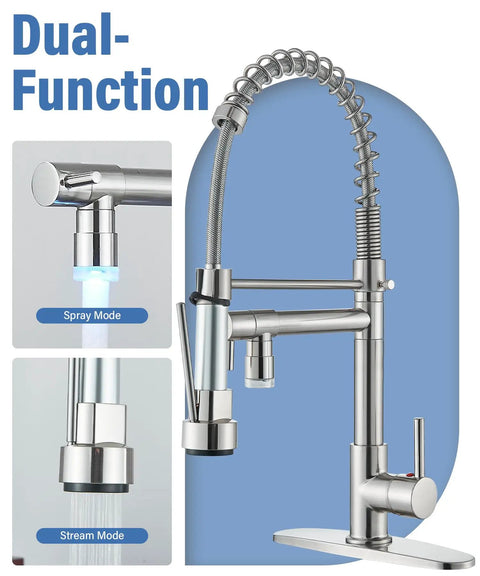 Spring Kitchen Sink Faucet With Pull Down Sprayer, Contemporary Stainless Steel, Single Handle, Brushed Nickel Finish, LED Temperature Indicator, Dual Spouts, High Arc, No Fuss Install, Water Saving, showcasing dual-function spray and stream modes with high arc design.