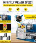 Badass Precision Bench Top Mini Metal Lathe 7X14 Inch showing 550W motor, variable speed dials, and emergency stop features.