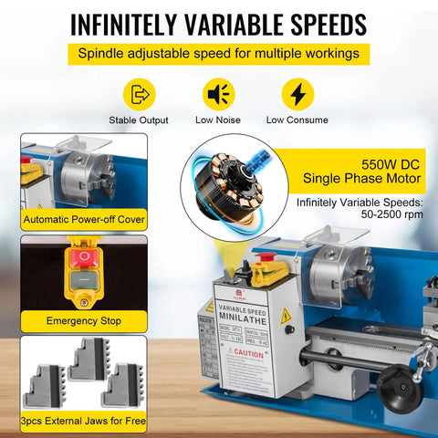 Badass Precision Bench Top Mini Metal Lathe 7X14 Inch showing 550W motor, variable speed dials, and emergency stop features.