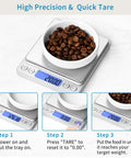 Pro Grade Digital Gram Scale 500g 0.01g Precision Kitchen Scale with backlit LCD displaying 200g, coffee beans in white bowl, tare function demonstration