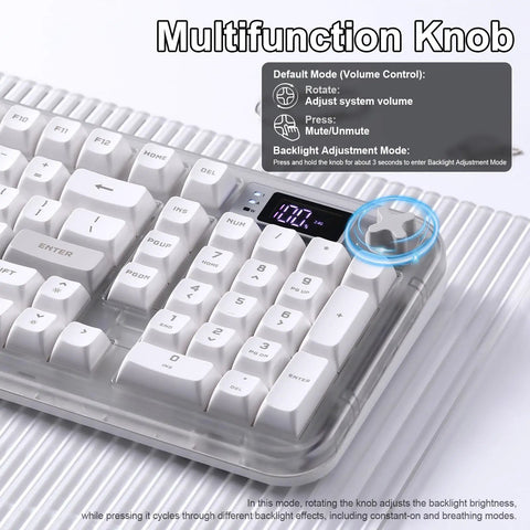 Tri Mode Wireless Gaming Keyboard Bluetooth 5 0 And 2 4 Ghz Silent Creamy White Keys For Multi Device Switching multifunction knob and keys