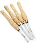 Pro Grade 4Pc Wood Bead Turning Tool Set Featuring Sharp High Speed Steel Lathe Chisels, wooden handles, and various blade shapes.
