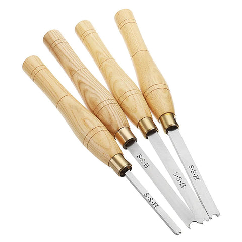 Pro Grade 4Pc Wood Bead Turning Tool Set Featuring Sharp High Speed Steel Lathe Chisels, wooden handles, and various blade shapes.