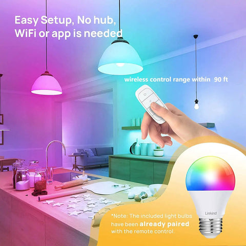 Smart WiFi LED Bulbs 6 Pack RGBW Color Changing Dimmable A19 60W Equivalent No Hub Needed, remote control in hand