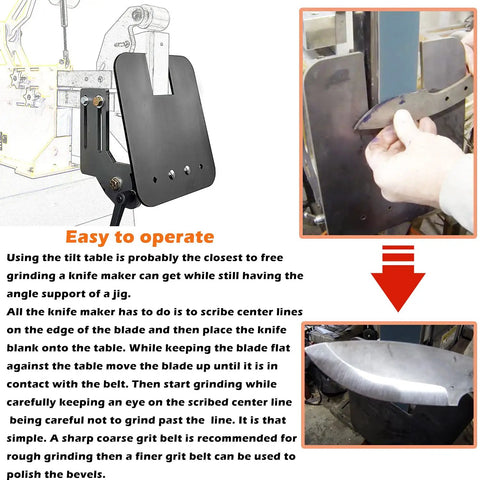 Upgraded Belt Grinder Tilt Table For Most 2x72 Inch Knife Grinders with hands demonstrating beveling process on blade
