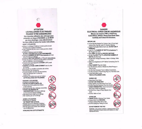Instruction labels in English and French for 30 Amp RV To Household Power Adapter Dogbone Twist Lock To 15 Amp 110 Volt Converter.