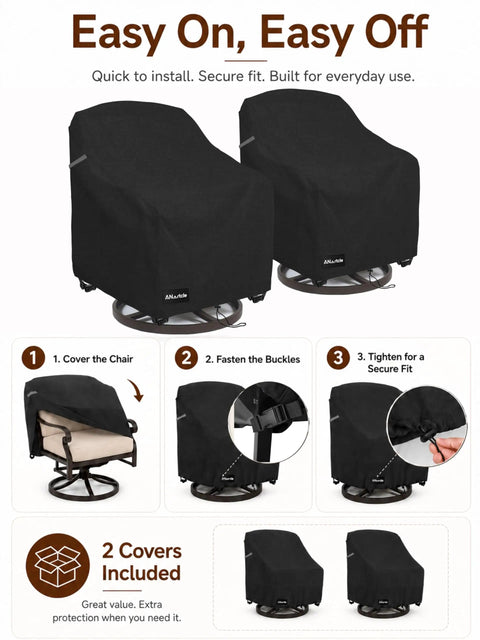 Beefy All Weather Swivel Patio Chair Covers 2 Pack Waterproof Outdoor Furniture Fits 30 W X 34 D X 38.5 H Inch, Black