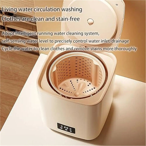 Hassle Free 7L Portable Washer Dryer, Compact Tabletop Mini Spin Cycle Laundry Game Changer showing inner basket design for circulation washing.