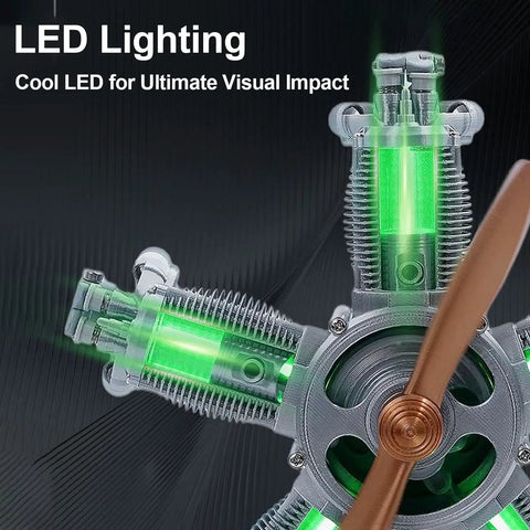 Five Cylinder Radial Engine Model Kit That Actually Runs With LED Lights 1:5 Scale Aircraft Engine 3D Printed Mechanical Assembly Toy STEAM Educational Gift For Adults And Hobbyists, green LED cylinders lit