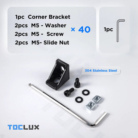 Heavy Duty Black Anodized 2020 Aluminum Extrusion Connector Kit With 40 Pro Grade Corner Brackets M5 Sliding T Nuts And Hex Screws set of brackets and hardware