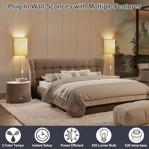 Plug In Wall Sconces Set Of Two With Three Adjustable Color Temperatures And Built In Switch For Hassle Free Plug And Play Lighting That Brings Solid Vibes To Your Space, showcasing a cozy bedroom setup.