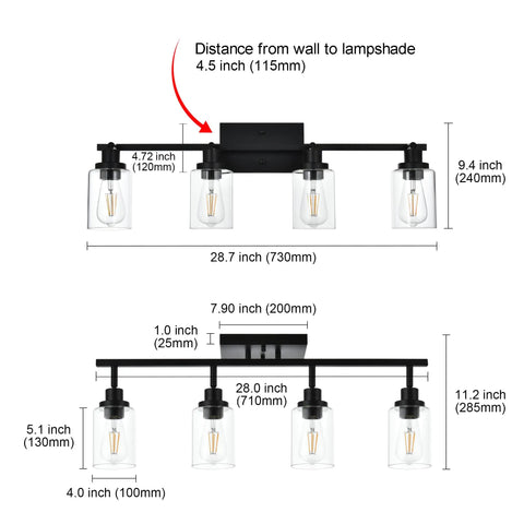 Dimensions of 4 Light Track Lighting Kit Matte Black With Pivoting Heads, 28.7-Inch Ceiling Spotlight Fixture, Clear Glass Shade.
