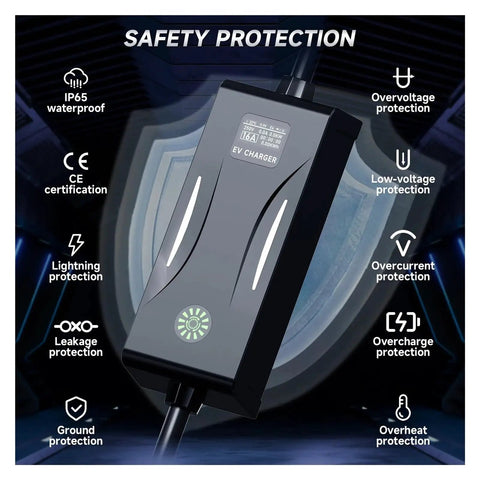Top Shelf Portable EV Charger 3.6kW 16A Featuring Type 1 SAE J1772 And Type 2 Plugs safety features and certifications