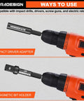 Nine Piece Beefy Impact Drill Socket Adapters Set With Universal Joints For One Quarter Inch Three Eighths Inch And One Half Inch Drive Includes Magnetic Bit Holder And Bit Extension In Chromium Vanadium Steel For Heavy Duty Auto And DIY Projects shown with drill adapter and magnetic bit holder.