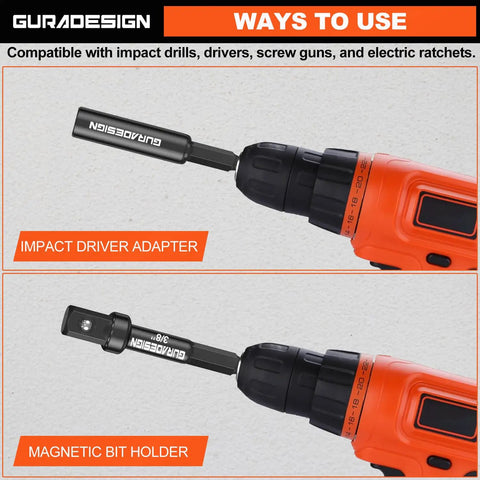 Nine Piece Beefy Impact Drill Socket Adapters Set With Universal Joints For One Quarter Inch Three Eighths Inch And One Half Inch Drive Includes Magnetic Bit Holder And Bit Extension In Chromium Vanadium Steel For Heavy Duty Auto And DIY Projects shown with drill adapter and magnetic bit holder.