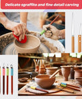 4 Piece Pottery Carving Tool Set With 5.9 Inch Wooden Handles displayed with clay creations and artists using tools.