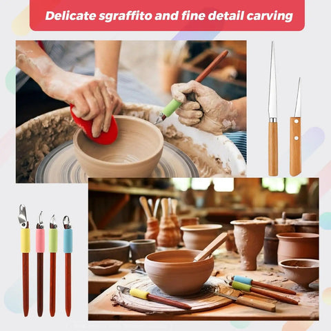 4 Piece Pottery Carving Tool Set With 5.9 Inch Wooden Handles displayed with clay creations and artists using tools.