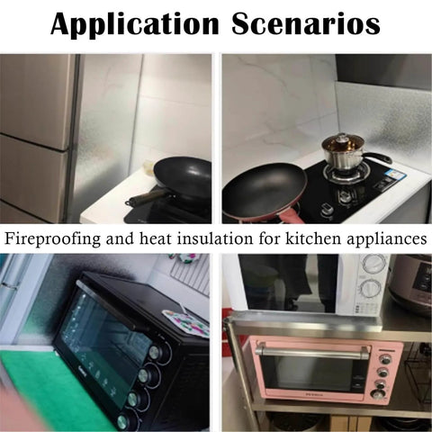 Heavy Duty Stainless Steel Heat Shield for fridge and oven shown in various kitchen application scenarios.