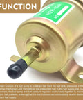 Close-up of a 12V Heavy Duty Plunger Fuel Pump for Low Pressure Delivery, 3 to 5 PSI, high flow gas pump with durable gold finish