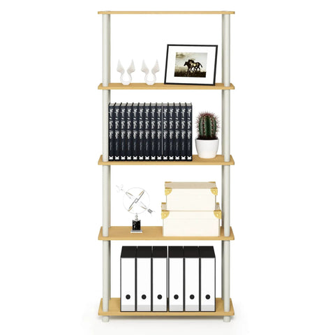 Five Tier Corner Storage Rack With No Sweat Toolless Setup And Straight Up Solid Beech Finish For Easy Home Office Living Room Or Garage Organization That Is A Total Game Changer