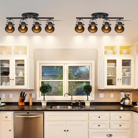 Plug In Four Light Track Lighting Fixture In Industrial Black With Long 14.7 Foot Wire installed in kitchen