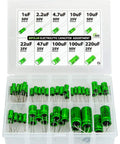 Non Polarized Audio Electrolytic Capacitor Assortment Kit For Prototyping And D I Y Repairs, 50 Pc Set with green capacitors in labeled box
