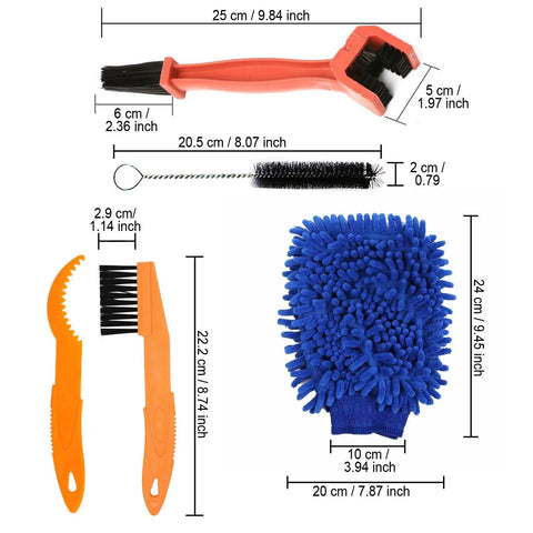 All In One Bike Cleaning Kit With Chain Cleaner And Five Piece Tool Set including brushes and blue cleaning mitt.