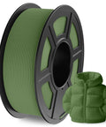 Olive Green Matte PLA 3D Printer Filament 1.75mm For FDM Printers, 1.1kg spool with example print of green jacket, smooth finish