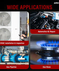 Collage showing uses of 3 In 1 Refrigerant Leak Detector With Heated Diode Sensor for HVAC, AC repair, gas pipeline, and gas stove.