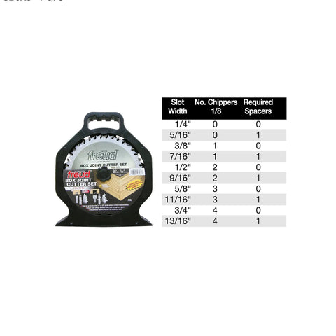 8 Inch Box Joint Cutter Set With Hi Density Carbide Blades for crisp square joints and detailed specifications on slot widths.