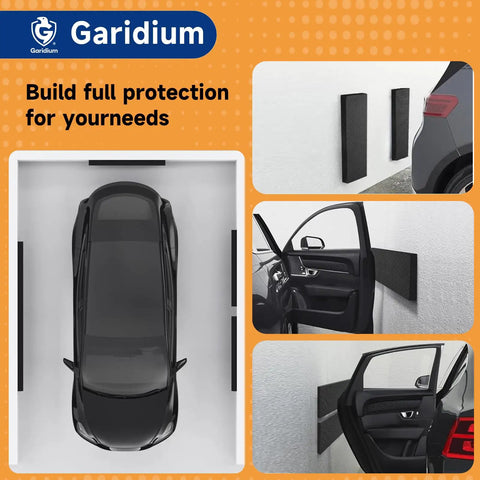 Garage Wall Protector For Cars And Home Heavy Duty Self Adhesive Foam Bumpers Guard Car Door Dings And Scratches 360 Degree Impact Protection Tough As Nails Tool Free Installation Durable Diamond Textured Pads shown in use on a garage wall with a car.
