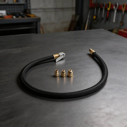 Universal 60CM Tire Inflator Hose With Quick Connect Valve Adapter For Cars Trucks And SUVs Featuring Rock Solid Reinforced Rubber Rated Up To 300 PSI Max Pressure For No Fuss Inflation At Home Or Shop And Save Time Driving Today. 60cm hose with brass adapters