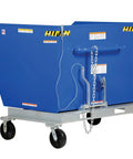 Built Tough Steel Tilting Hopper Forklift Skips Debris And Trash Two Thousand Pound Load Capacity One Point Five Cubic Yards on wheels