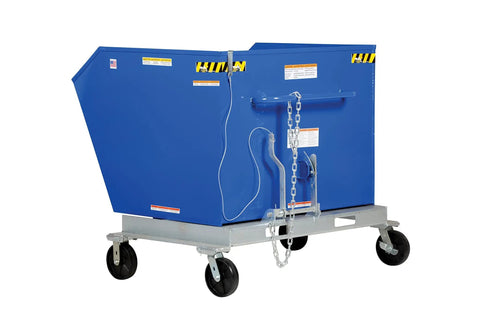 Built Tough Steel Tilting Hopper Forklift Skips Debris And Trash Two Thousand Pound Load Capacity One Point Five Cubic Yards on wheels