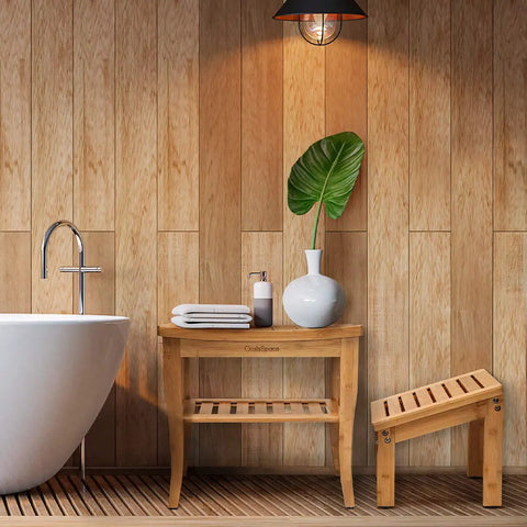Bamboo Shower Bench With Underneath Storage Shelf For Indoor Or Outdoor Use Wood Spa Bath Organizer Seat And Foot Stool beside bathtub
