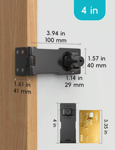 4 Inch Keyed Hasp Lock For Cabinets And Small Doors With Twist Knob Design showing dimensions and credit card size comparison