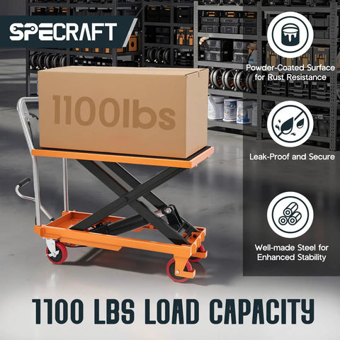 Heavy Duty Hydraulic Lift Table Cart With 1100 Lb Capacity Reliable Pump Smooth Operation Easy To Use For Material Handling Tasks. Loaded with a box.