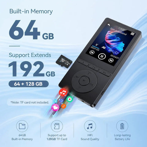 64GB Bluetooth MP3 Player With HiFi Sound For Runners And Fitness Fans, 2.4 Inch Screen, Built In Speaker, expandable memory