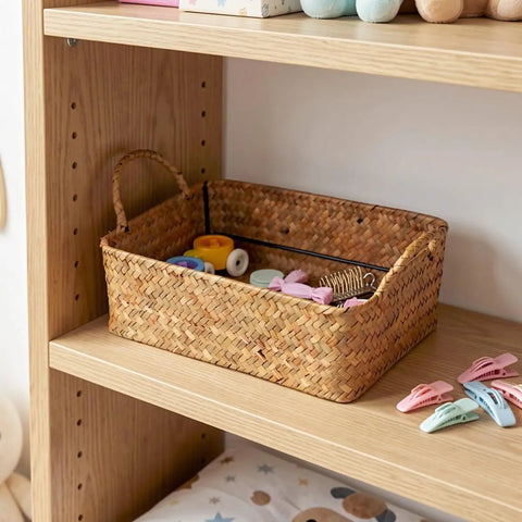 Spacious Open Top Seagrass Woven Storage Basket With Heavy Duty Handles For Kitchen Farmhouse Pantry Bathroom Towels Cosmetics And Hassle Free Daily Organization Goals, filled with colorful clips on a shelf.