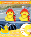 Firefighter Rubber Duck Car Ornament Kit With Hard Hat, Glasses, Gold Necklace And Fire Extinguisher DIY Assemble Squeaky, Non Toxic Silica Gel Dashboard Decor For Cars, Jeeps, Office Or Home displayed on car dashboard