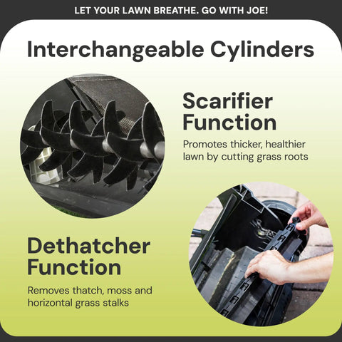 Close-up of 15 Inch Electric Lawn Dethatcher With Scarifier Blade Reel And Collection Bag For Grass Thatch Removal Powered By A 13 Amp Corded Yard Power Rake Tool Built For No Fuss Cleanups And Greener Lawn Care AJ805E showing scarifier and dethatcher functions.