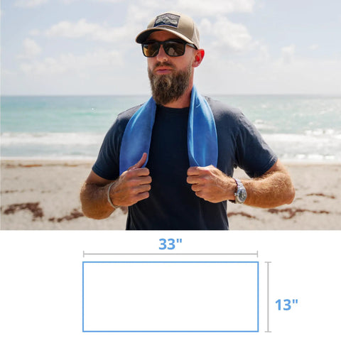 Man wearing Chilly Pad Instant Cooling Towel For Sports And Outdoors, Reusable 33 By 13 Neck Towel, Sky Blue, beach background.