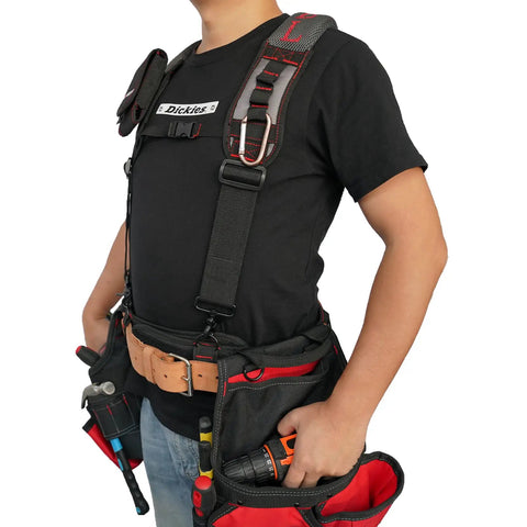 Man wearing Gel Padded Tool Belt Suspenders For Construction Work with breathable shoulder straps and multiple tool pockets