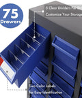 Close-up of open drawer with dividers in Heavy-Duty 100-Drawer Parts Storage Cabinet For Nuts And Bolts, showing labels.
