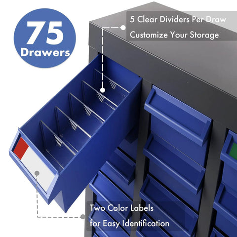 Close-up of open drawer with dividers in Heavy-Duty 100-Drawer Parts Storage Cabinet For Nuts And Bolts, showing labels.