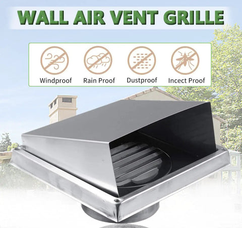 Pro Grade Six Inch Stainless Steel Square External Exhaust Vent Cover With 45 Degree Louvers And Mesh Screen For Dryer Bathroom Kitchen Office And Factory, 304 Stainless Steel Anti Corrosion, Noise Reducing, Heavy Duty showing features icons.