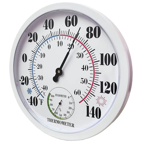 Outdoor Thermometer And Hygrometer, 10 Inch Round White Dial, Waterproof Wall Mount For Patio Garden Garage And Home, Rugged And Easy To Read Temperature And Humidity Monitor Built For All Weather Use, front view