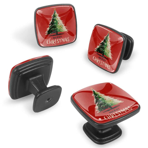 Square Glass Cabinet Knobs Set Of Four With Mounting Screws For Kitchen And Bath Furniture Upgrade Heavy Duty Abs Drawer Handles, red with Christmas tree design.