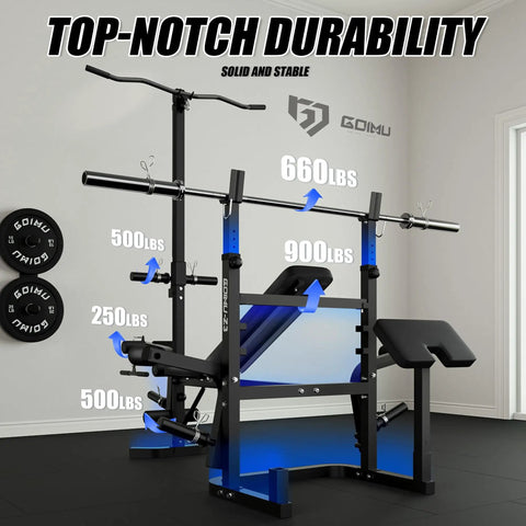 Olympic Weight Bench Set With Leg Extension And Leg Curl 9 In 1 Workout Bench with Preacher Curl Pad and Lat Pulldown in gym