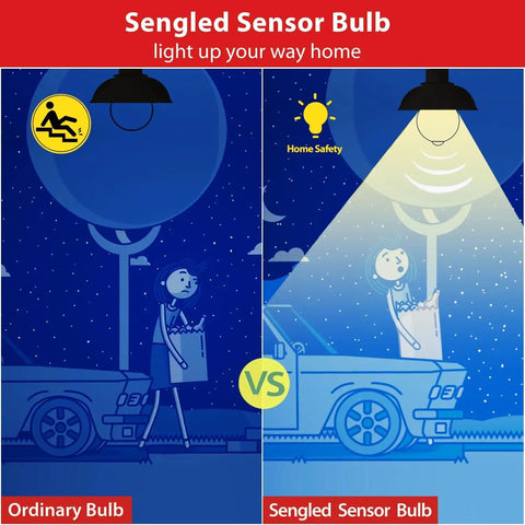 Motion Sensor LED A19 Bulbs With Dusk To Dawn, Soft White 3000K, 800 Lumens, 8.8W, 60W Equivalent, Indoor Outdoor No Brainer Lighting For Porch, Garage, Hallway, 2 Pack in sensor bulb comparison graphic